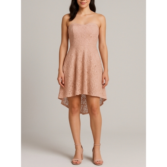 ✨️4/$20. Juniors Formal Strapless High Low Dress, All Over Lace, Scalloped Chest - Picture 1 of 16